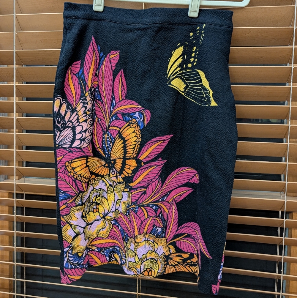 Anthropologie Black Pencil Skirt with Pink & Yellow Butterfly Print